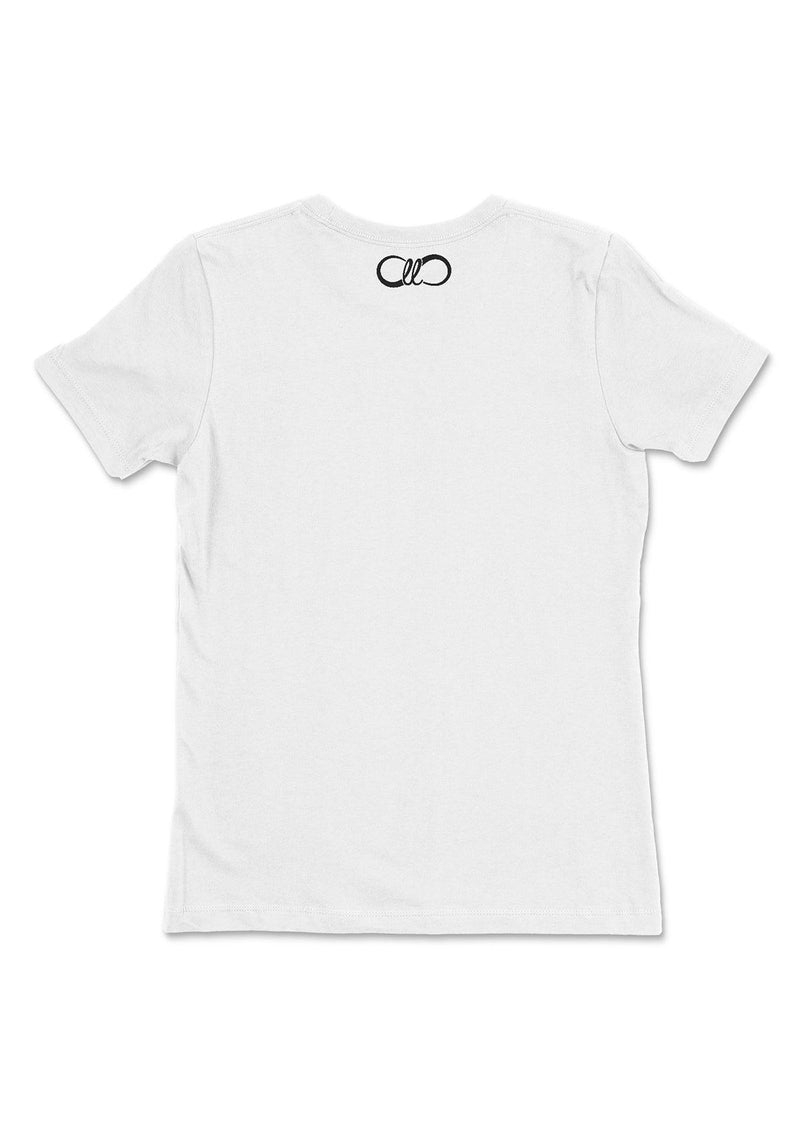 women's short sleeve white tee t-shirt black logo limitless living debut collection