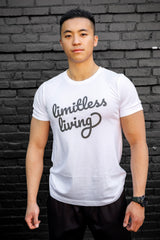 men's white short sleeve tee t-shirt black limitless living logo streetwear debut collection